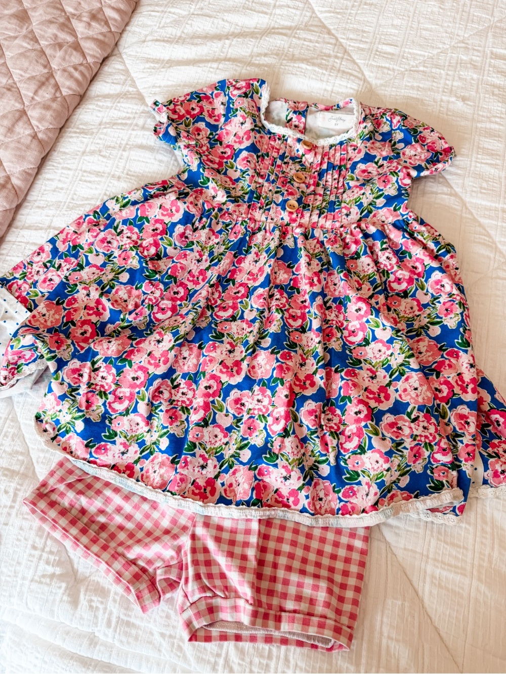 SweetHoney Blue Floral Top with Pink Gingham Shorts
